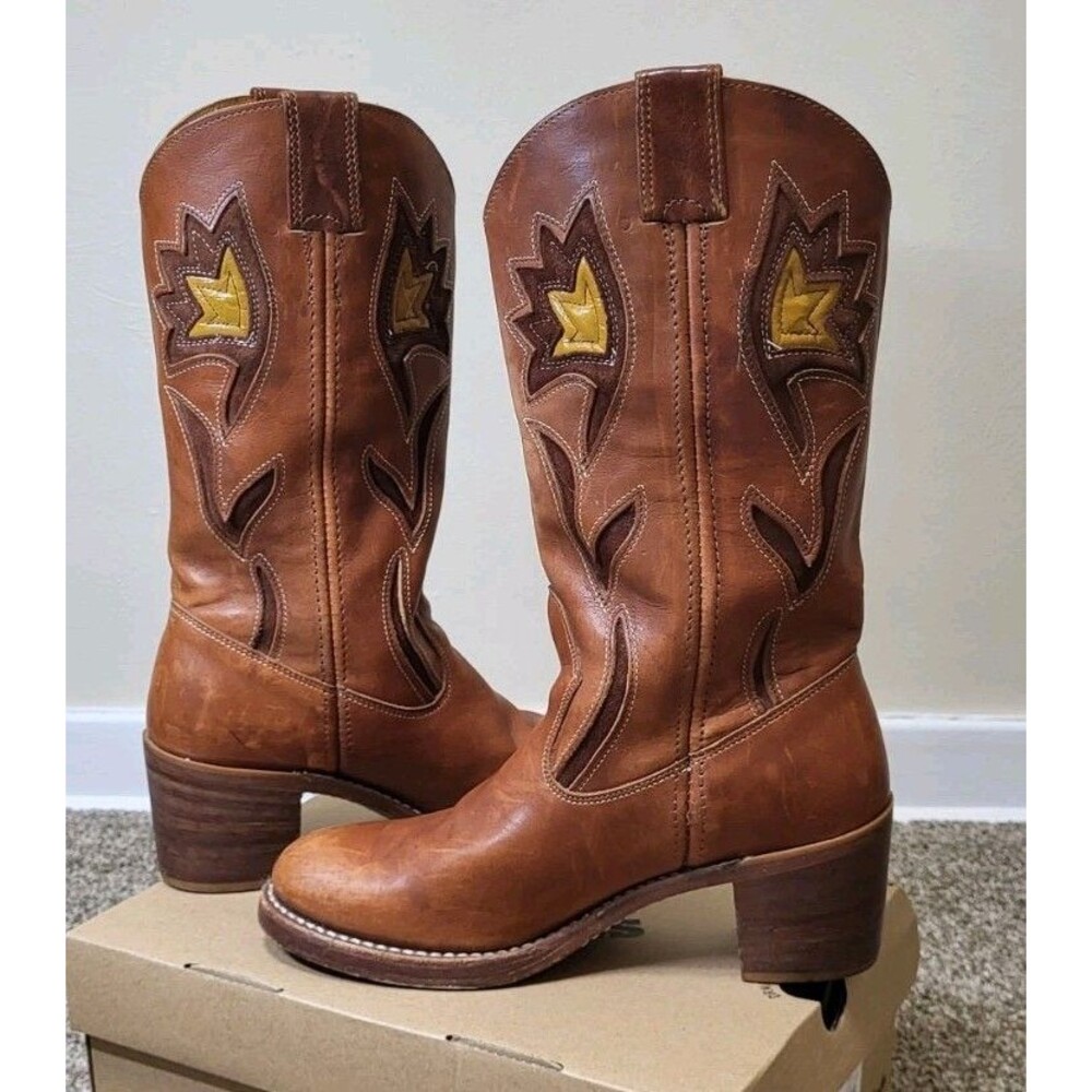 Vintage Frye Sabrina Flower Western Boots Women 8.5 B Brown Floral 8 1/2 Campus - Picture 4 of 8
